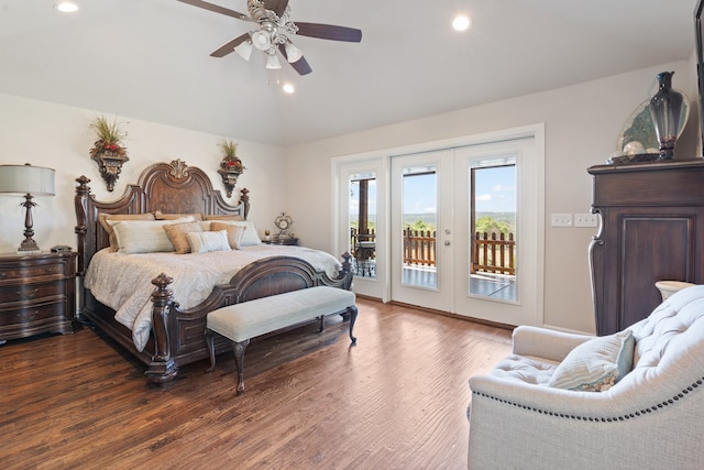 bedroom featuring ceiling fan, access to outside, french doors, hardwood / wood-style flooring, and vaulted ceiling