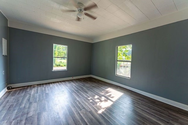 spare room featuring ceiling fan and dark hardwood / wood-style flooring