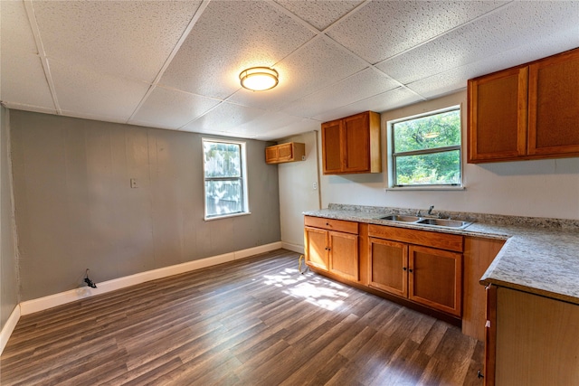 kitchen featuring dark wood-type flooring, a paneled ceiling, and sink