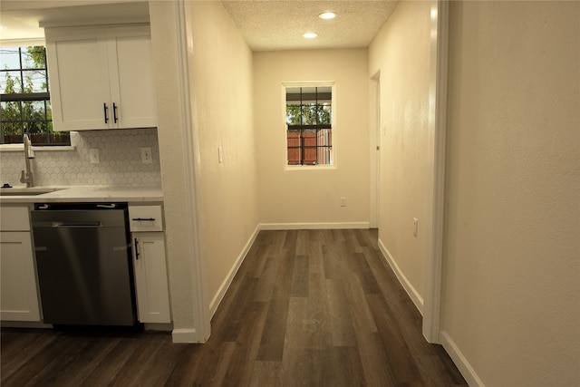 hallway with sink, plenty of natural light, a textured ceiling, and dark wood-type flooring