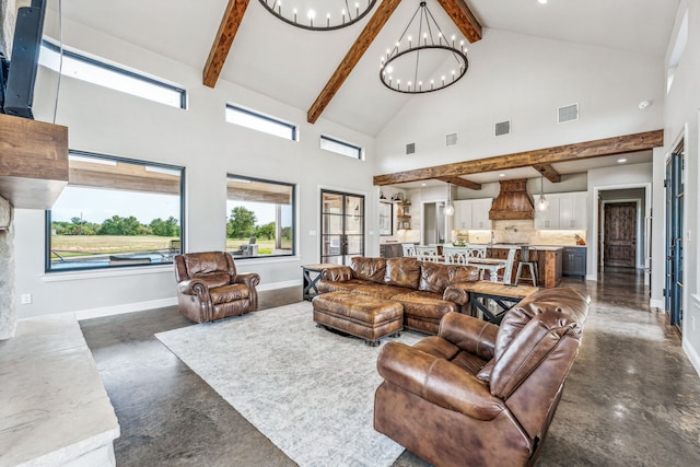 living room featuring a notable chandelier, beam ceiling, and high vaulted ceiling