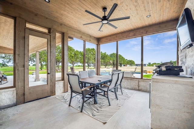 sunroom / solarium with wood ceiling and ceiling fan