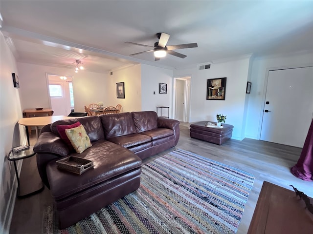 living room featuring hardwood / wood-style floors, ceiling fan, and crown molding