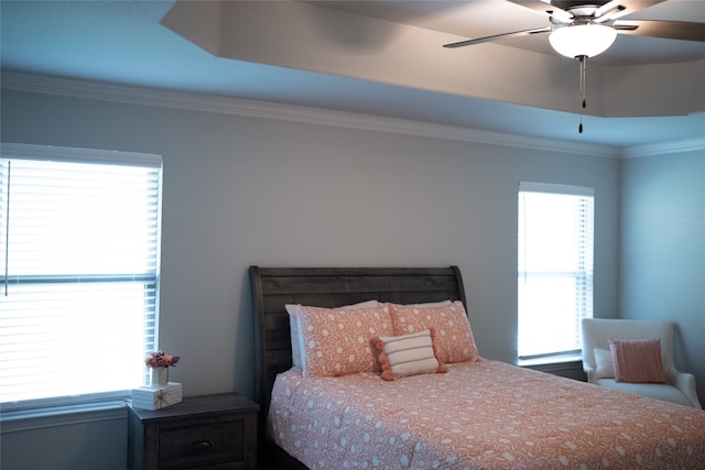 bedroom featuring ornamental molding, a raised ceiling, ceiling fan, and multiple windows