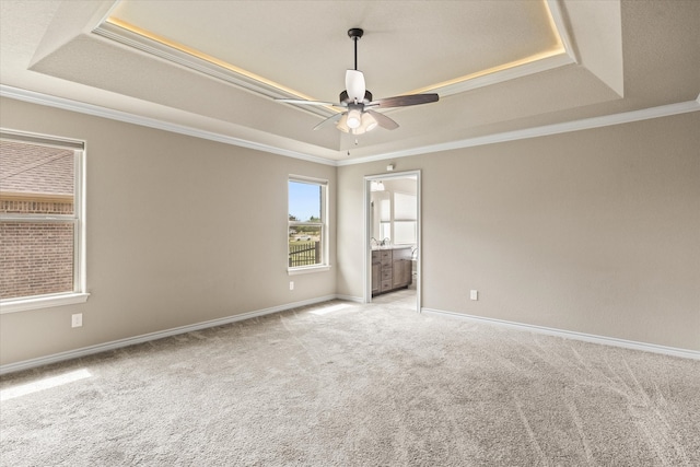 carpeted empty room featuring ceiling fan, ornamental molding, and a tray ceiling