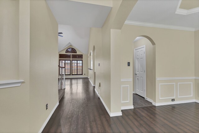 hall with dark hardwood / wood-style flooring and lofted ceiling