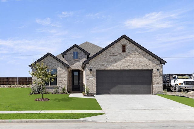 french country style house with a front yard and a garage