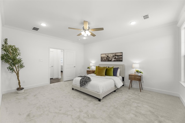 bedroom featuring ceiling fan, carpet floors, and crown molding