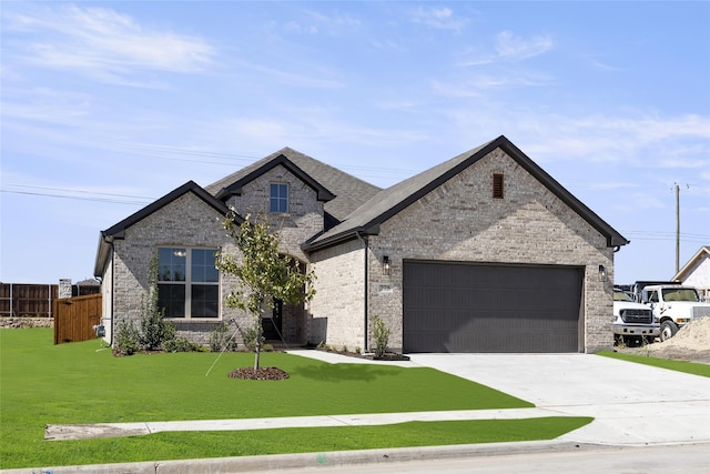 french country home with a garage and a front lawn