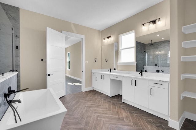 bathroom featuring vanity, parquet flooring, and separate shower and tub