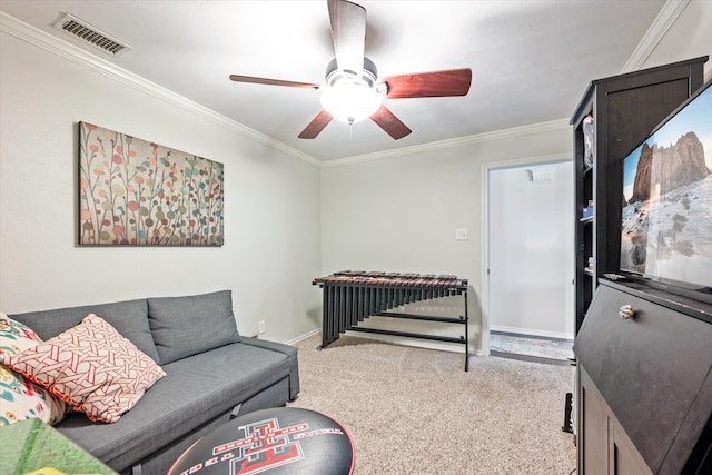 bedroom featuring carpet flooring, ceiling fan, and ornamental molding