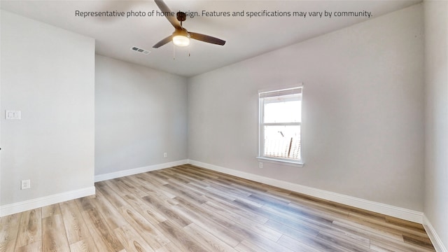 unfurnished room with ceiling fan and light wood-type flooring