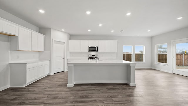 kitchen with white cabinetry, stainless steel appliances, dark hardwood / wood-style floors, and a kitchen island with sink