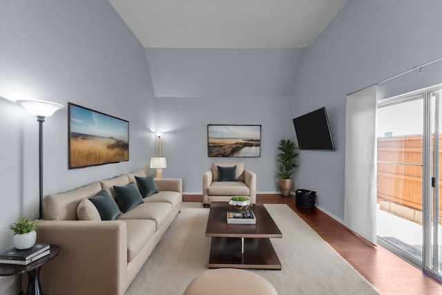 living room featuring high vaulted ceiling and hardwood / wood-style flooring