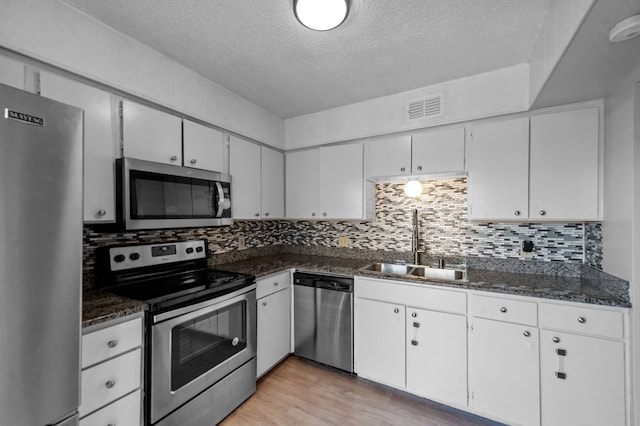 kitchen featuring decorative backsplash, white cabinetry, appliances with stainless steel finishes, light hardwood / wood-style floors, and sink