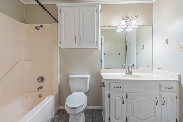 full bathroom featuring shower / tub combination, vanity, toilet, crown molding, and tile patterned floors