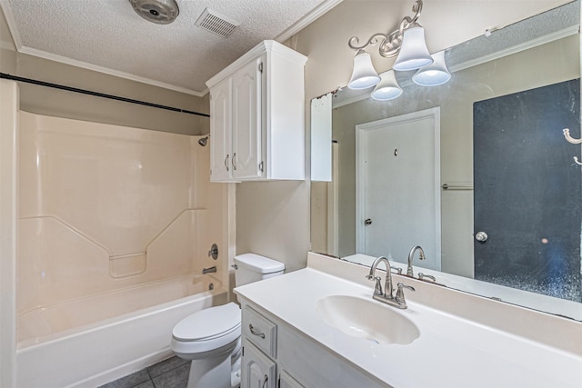 full bathroom featuring washtub / shower combination, toilet, a textured ceiling, vanity, and tile patterned flooring