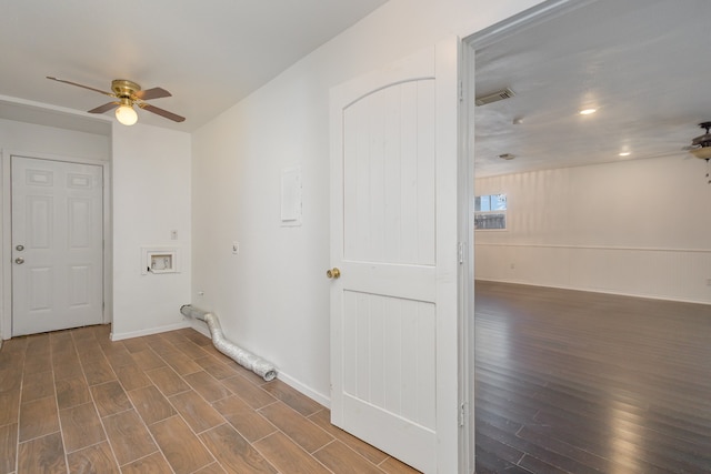 clothes washing area with ceiling fan, washer hookup, dark hardwood / wood-style flooring, and electric dryer hookup