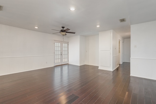 unfurnished room featuring french doors, ceiling fan, and dark hardwood / wood-style floors