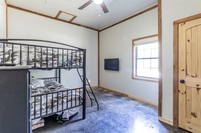 bedroom featuring concrete flooring and ceiling fan