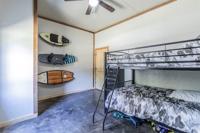 bedroom featuring concrete flooring and ceiling fan