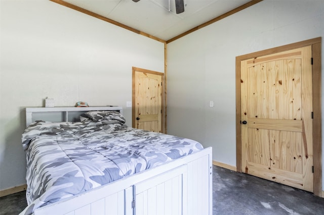 bedroom featuring ceiling fan and ornamental molding