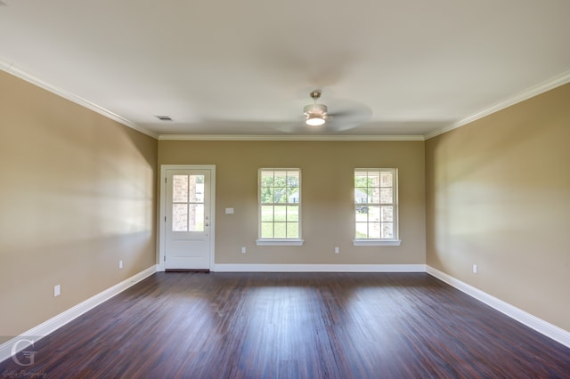 spare room with ceiling fan, dark hardwood / wood-style flooring, and a wealth of natural light