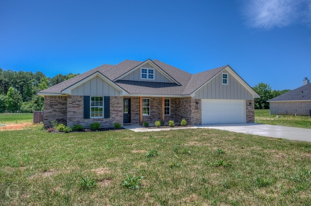 craftsman-style home with a garage, central AC unit, and a front lawn