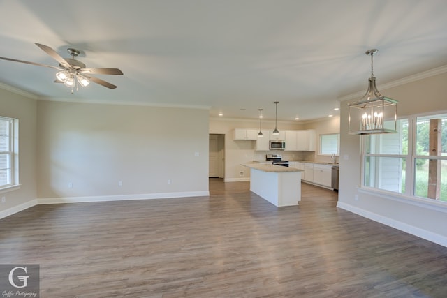 kitchen with wood-type flooring, appliances with stainless steel finishes, pendant lighting, and white cabinets