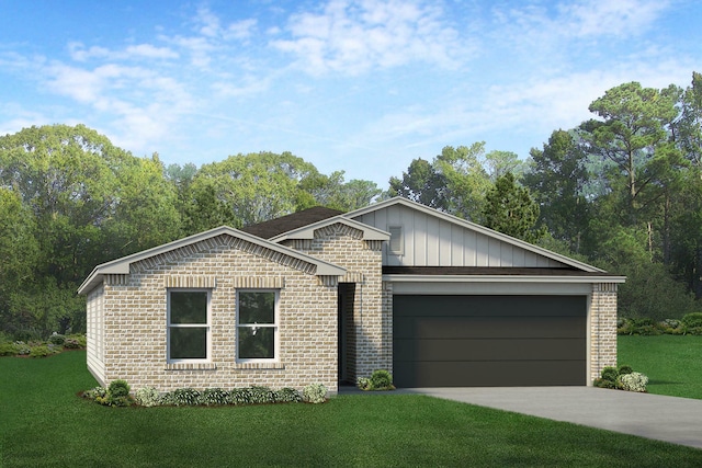 single story home featuring a garage and a front lawn