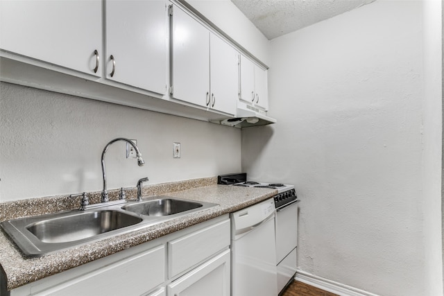 kitchen with a textured ceiling, white cabinetry, dishwasher, range, and sink