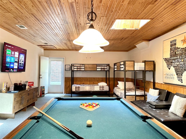 playroom with pool table, carpet, wood ceiling, and wood walls