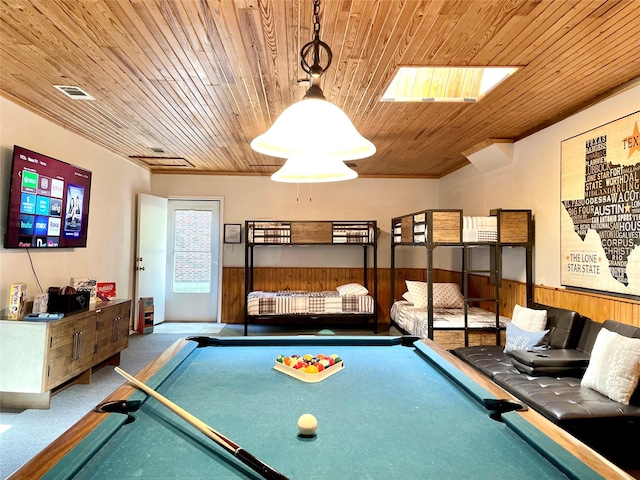 rec room with wooden walls, visible vents, a wainscoted wall, wood ceiling, and pool table