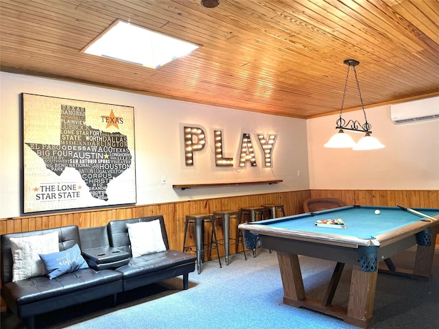 playroom with wooden ceiling, a wainscoted wall, carpet floors, wood walls, and a wall mounted AC