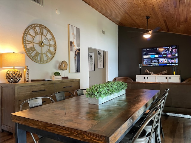 dining room featuring wooden ceiling, vaulted ceiling, dark hardwood / wood-style flooring, and ceiling fan