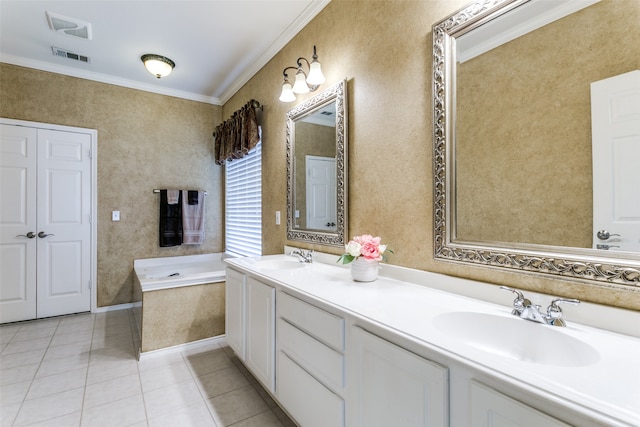 bathroom with vanity, tile patterned floors, a bathtub, and crown molding