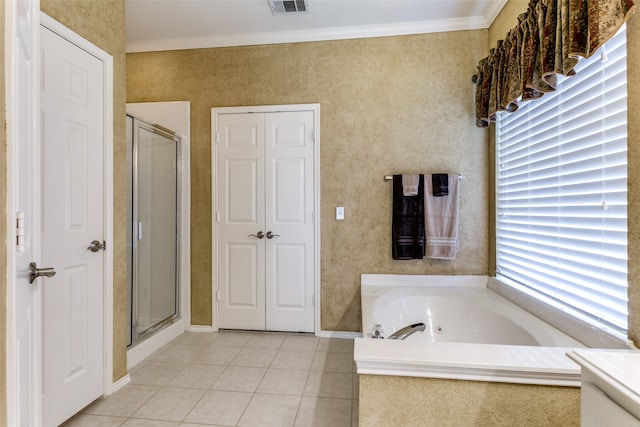 bathroom featuring tile patterned floors, crown molding, and plus walk in shower