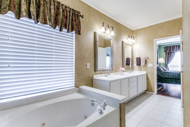 bathroom with a bathing tub, vanity, crown molding, and tile patterned flooring