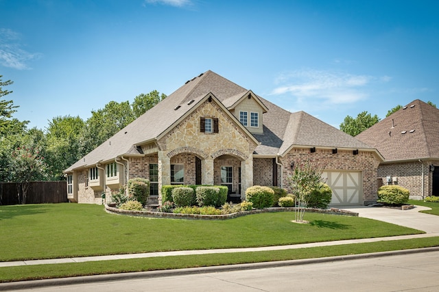 view of front of property featuring a front lawn and a garage