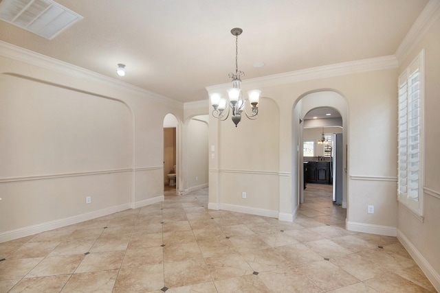 unfurnished dining area with a chandelier and ornamental molding