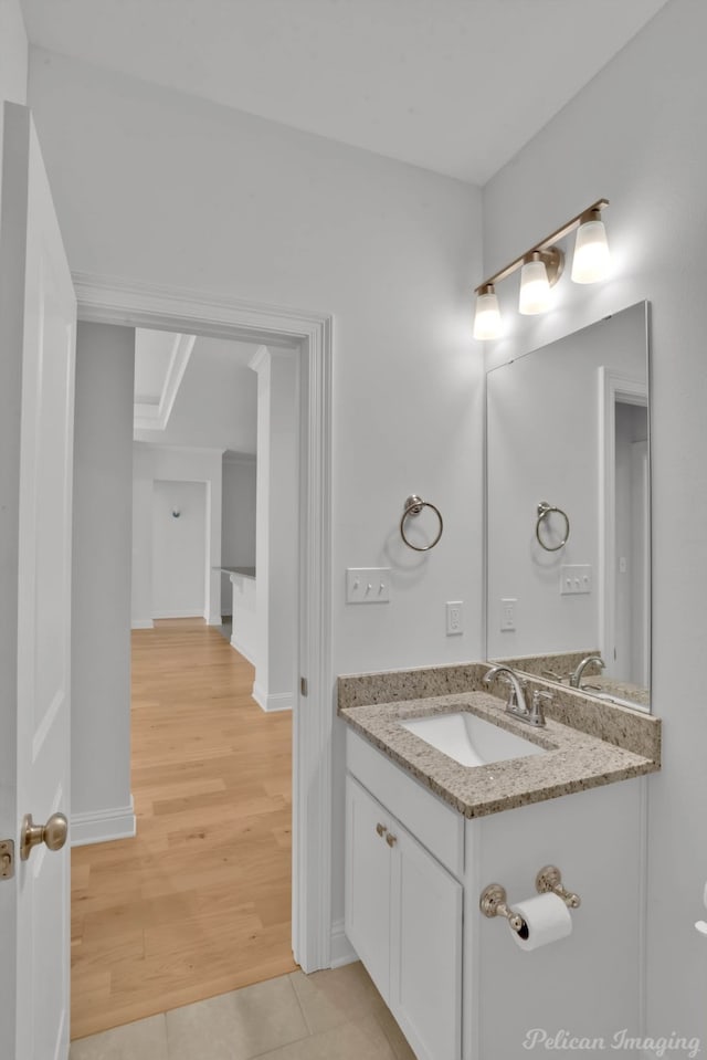 bathroom with wood-type flooring and vanity