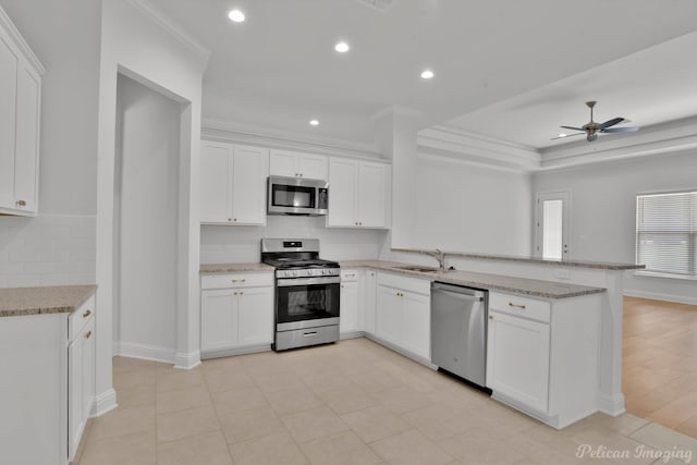 kitchen with ceiling fan, appliances with stainless steel finishes, kitchen peninsula, ornamental molding, and light wood-type flooring