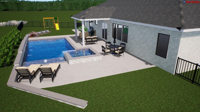 view of swimming pool with a patio area, a water view, a lawn, an in ground hot tub, and an outdoor living space with a fire pit