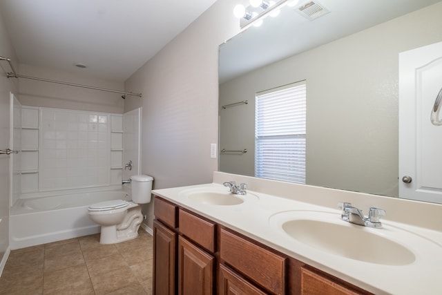 full bathroom with double vanity, toilet,  shower combination, and tile patterned flooring