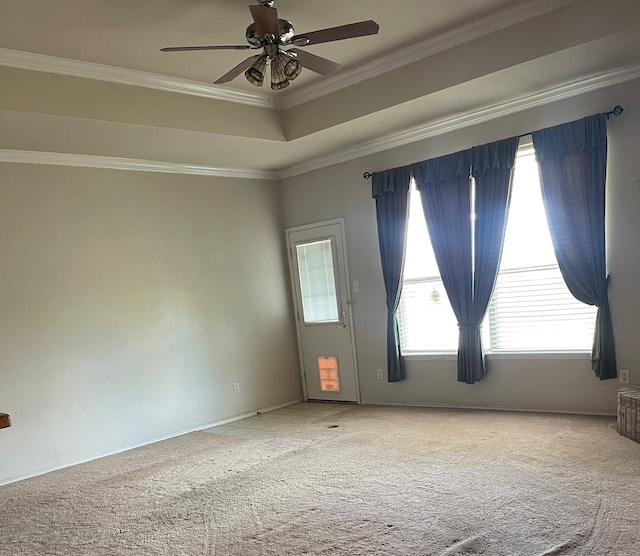 carpeted spare room featuring ornamental molding and ceiling fan