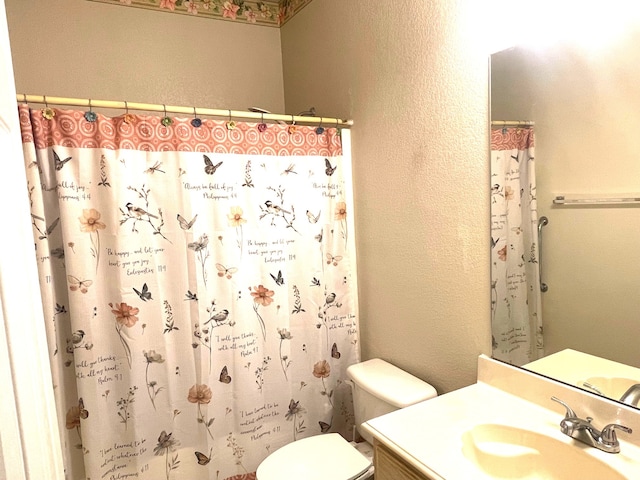 bathroom with vanity, toilet, and a shower with shower curtain