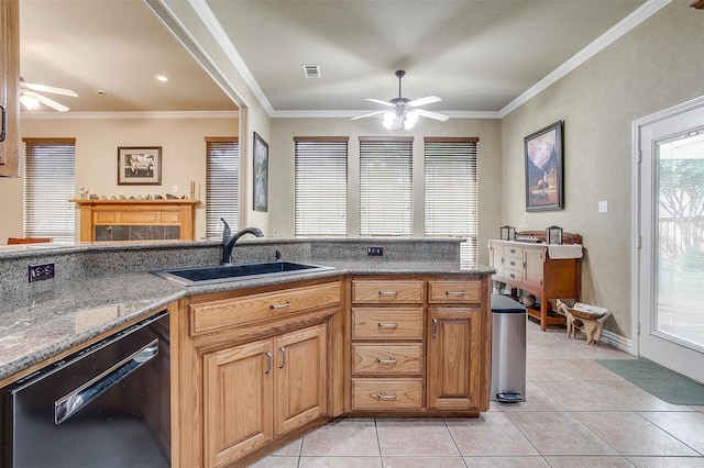 kitchen featuring black dishwasher, ceiling fan, light tile patterned floors, ornamental molding, and sink