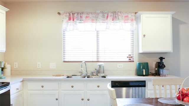 kitchen featuring white cabinetry, stainless steel dishwasher, sink, and electric stove