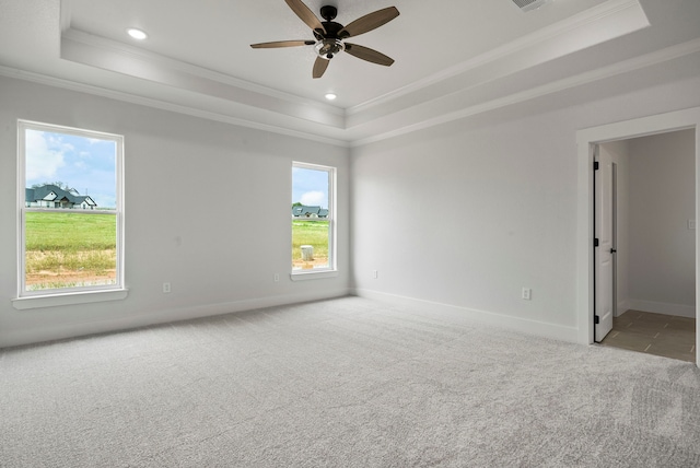 carpeted spare room with ceiling fan, plenty of natural light, and a raised ceiling