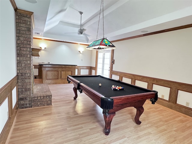 playroom with ceiling fan, pool table, light hardwood / wood-style flooring, and brick wall